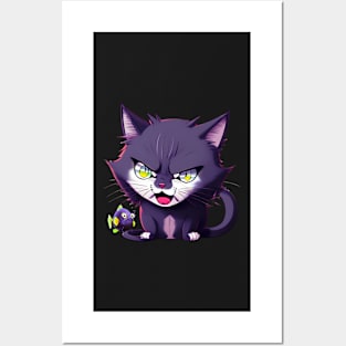 Angry cat with fish Posters and Art